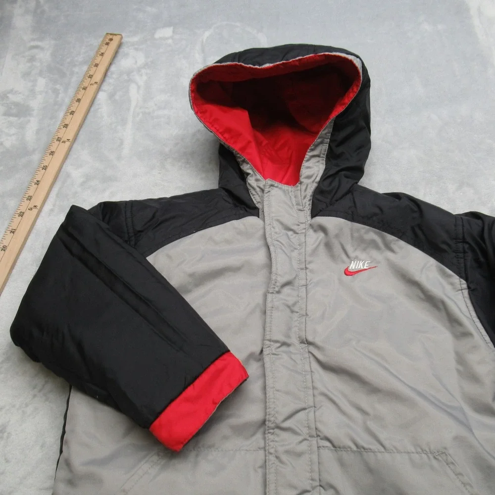 Vintage Nike Jacket Youth 6 Full Zip Red Black Reversible Hooded Full Zip Puffer